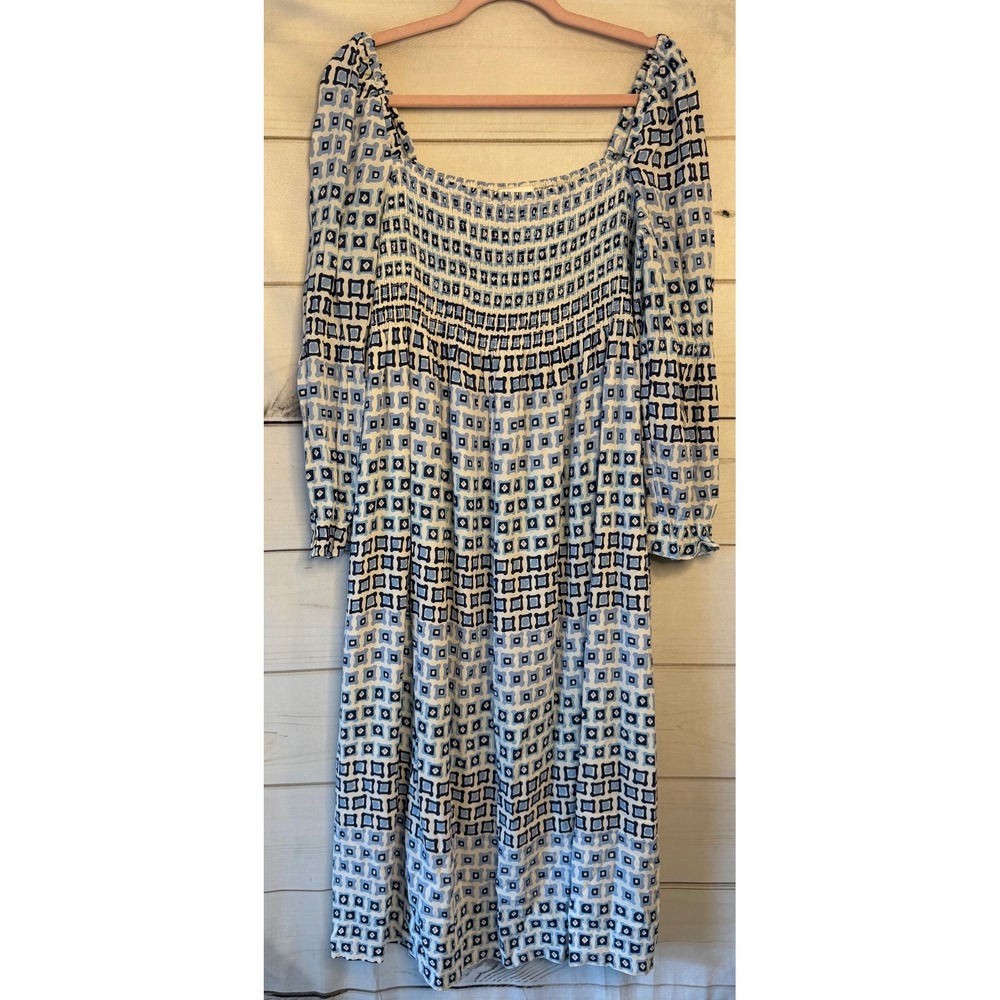 Sail to Sable STS Blue White Geometric Smocked Midi Dress Large